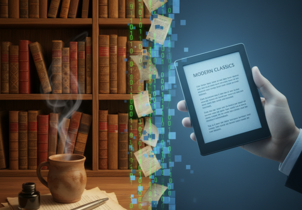 a graphic contrasting physical books and digital books with an eReader